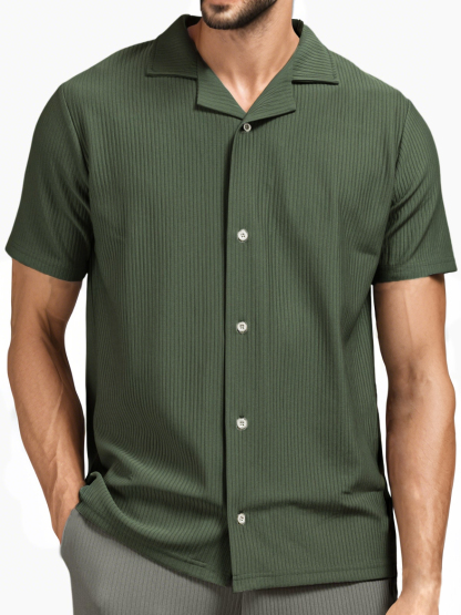 Men's Pit Stripe Pleated Cuban Collar Holiday Casual Button Short Sleeve Shirt-retrostrom