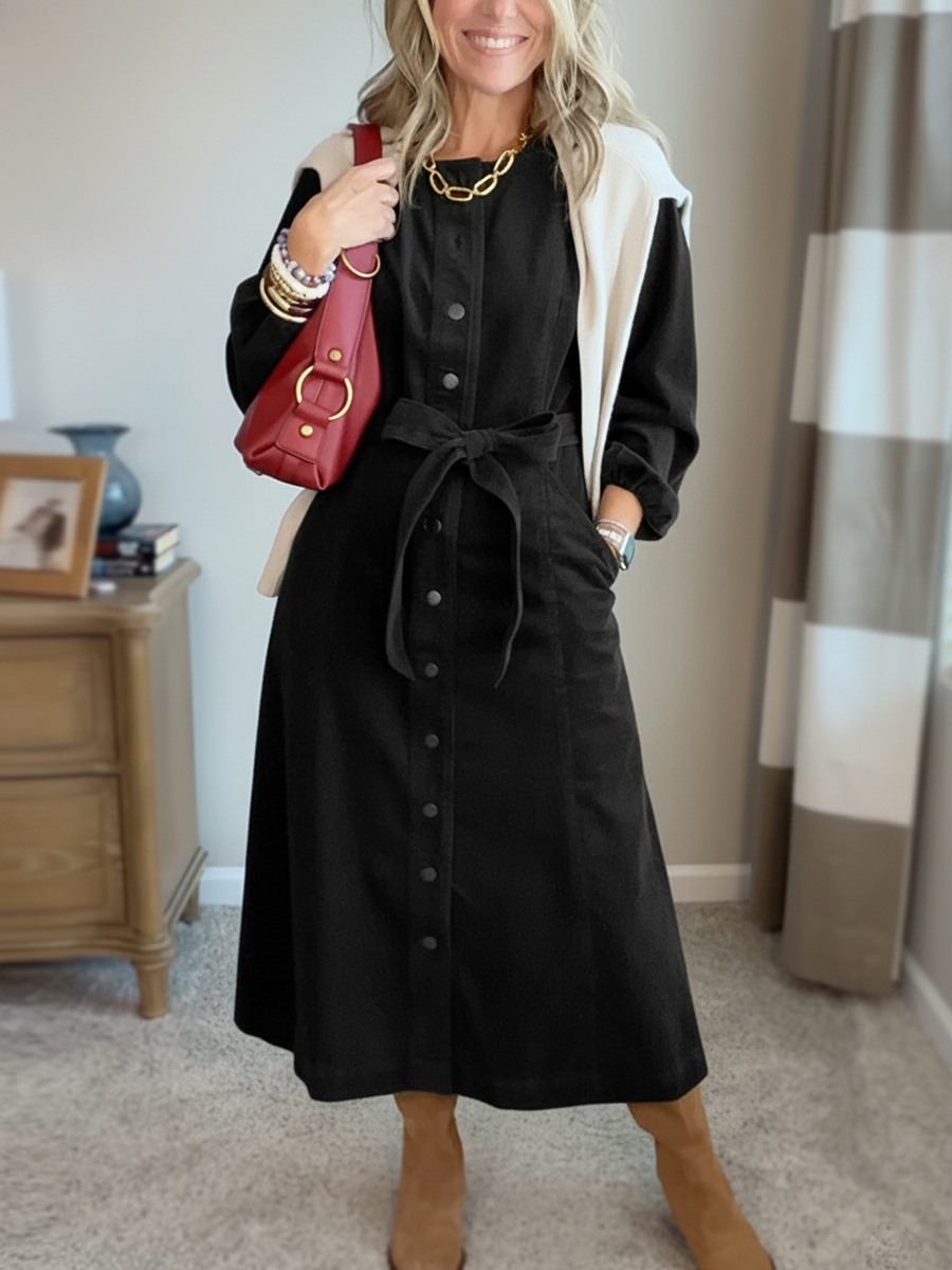 New Arrival🔥 Corduroy Shirt Dress with Tie Belt-retrostrom