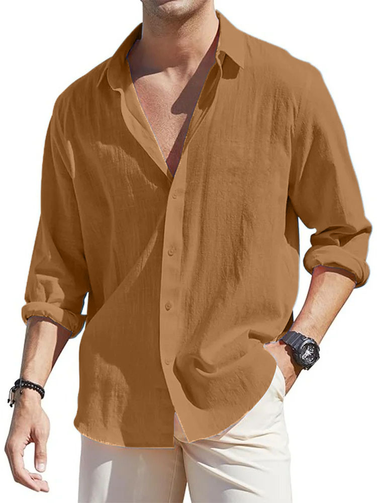 Men's Casual Loose Basic Cotton And Linen Long-sleeved Shirt-retrostrom