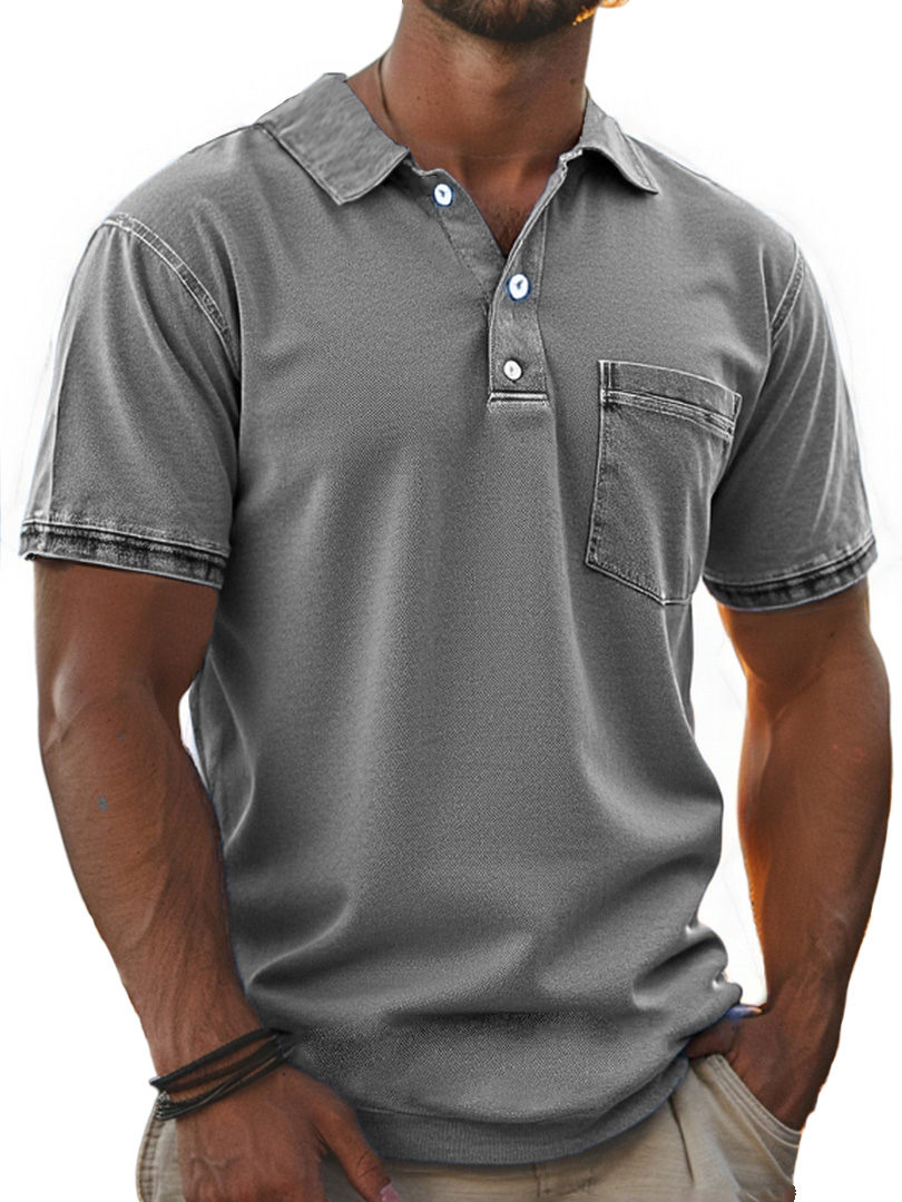 Men's Stylish Retro Pure Cotton Distressed Fabric Pocket Lapel Polo Shirt-retrostrom