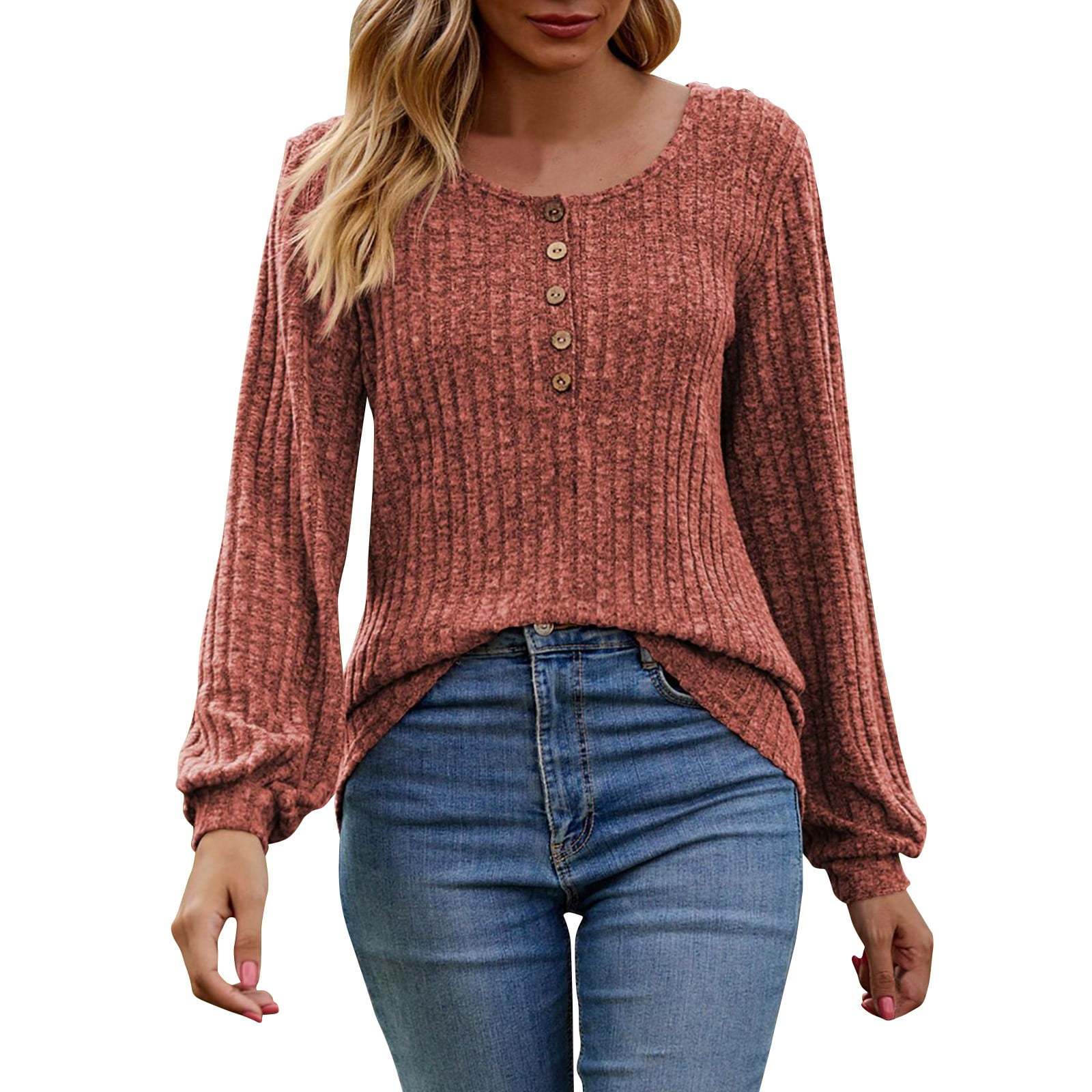 Women's Fall Button Scoop Neck Puff Long Sleeve Henley Shirts-retrostrom