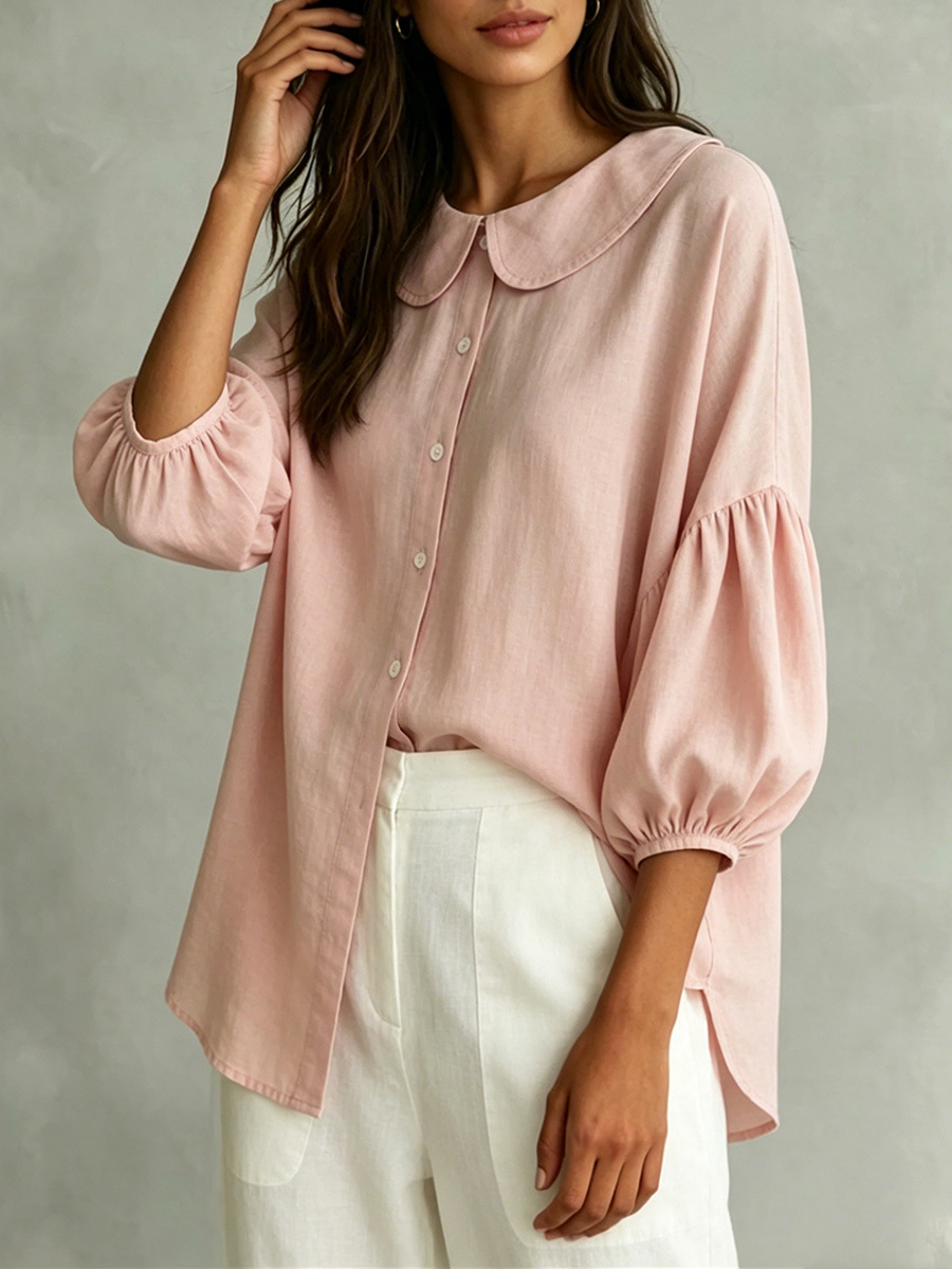 Cotton-Linen Shirt with Bell Sleeves and Peter Pan Collar