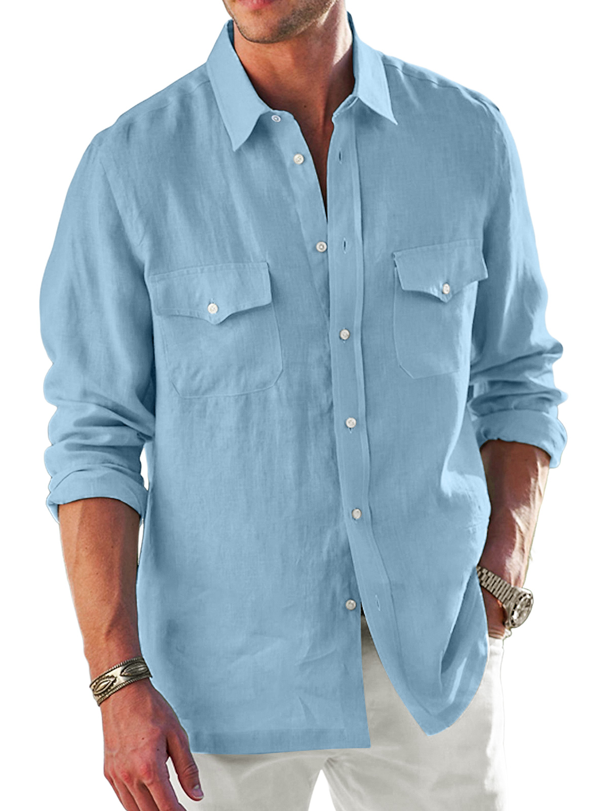 Men's pure cotton double pocket lapel comfortable solid color casual long sleeve shirt-retrostrom