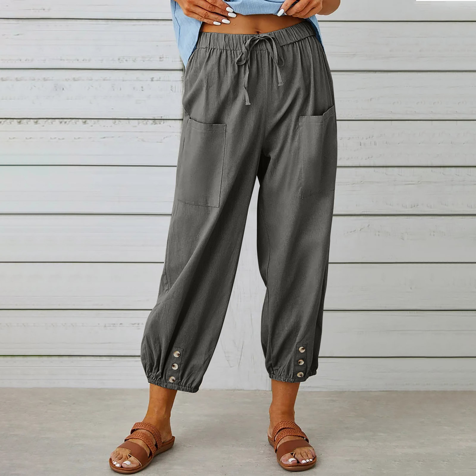 Women's pants High-waisted buttoned cotton hemp pants nine-point pants wide-legged-retrostrom