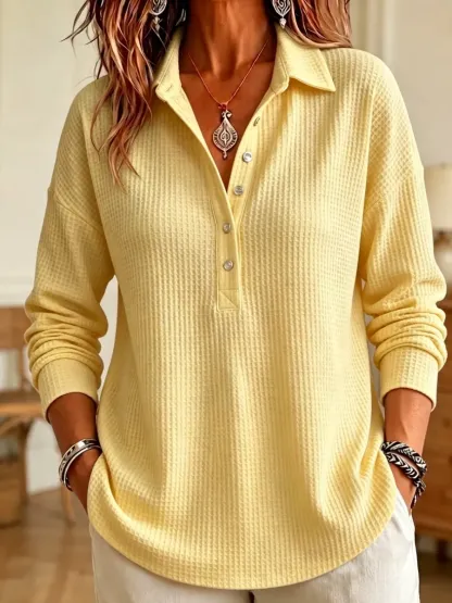 CLEARANCE SALE🔥 Women's Casual Waffle Knit Collared Henley Long Sleeve Shirt