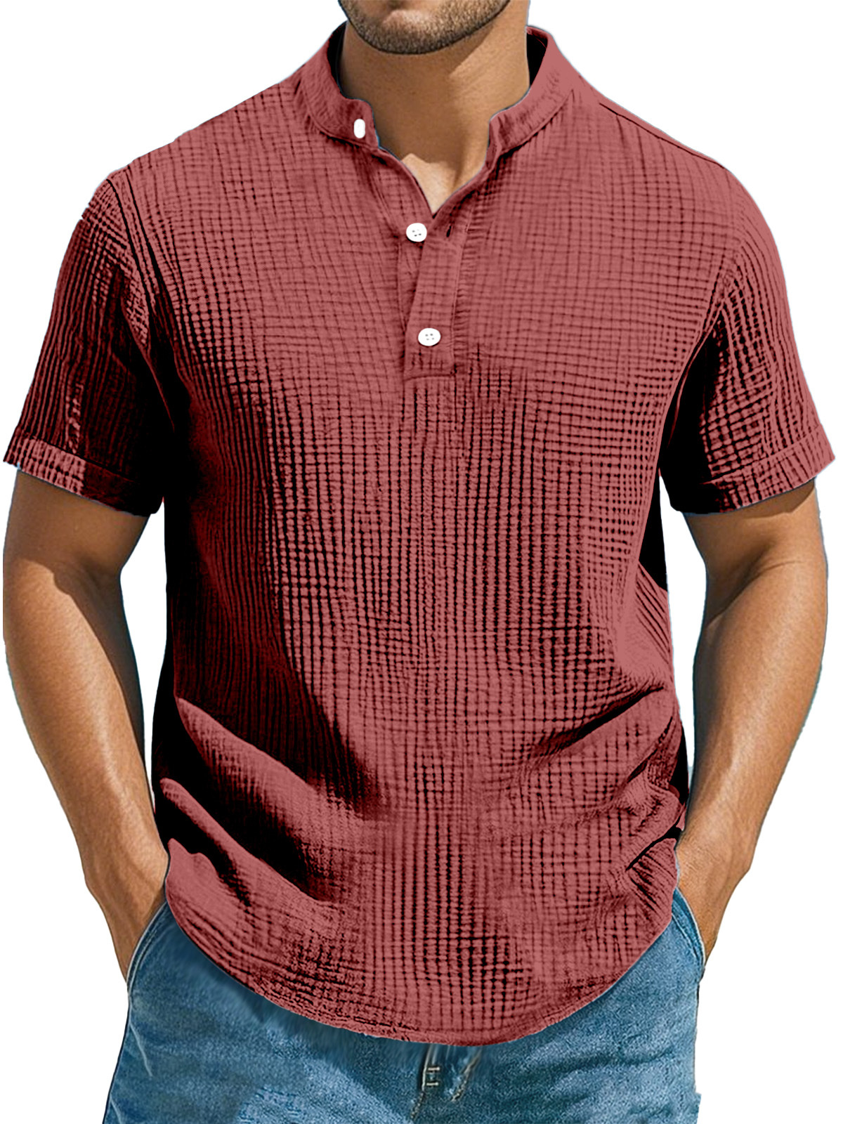 Men's Casual Solid Color Pleated Texture Short-sleeved Stand Collar Henley Shirt-retrostrom