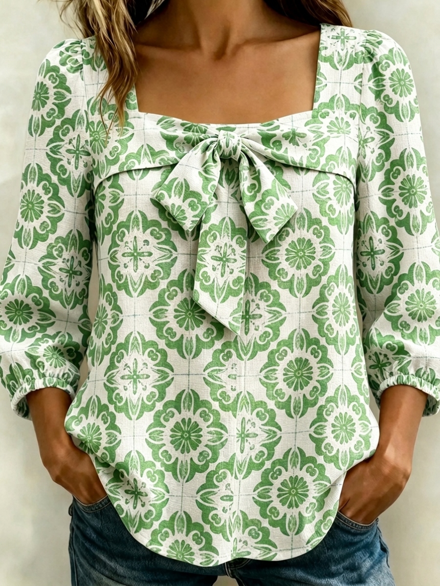 New Arrivals🔥 Women's Casual Santorini Inspired Print Bow Blouse-retrostrom