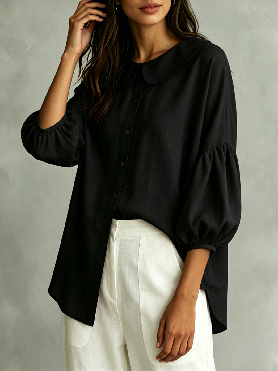 Cotton-Linen Shirt with Bell Sleeves and Peter Pan Collar