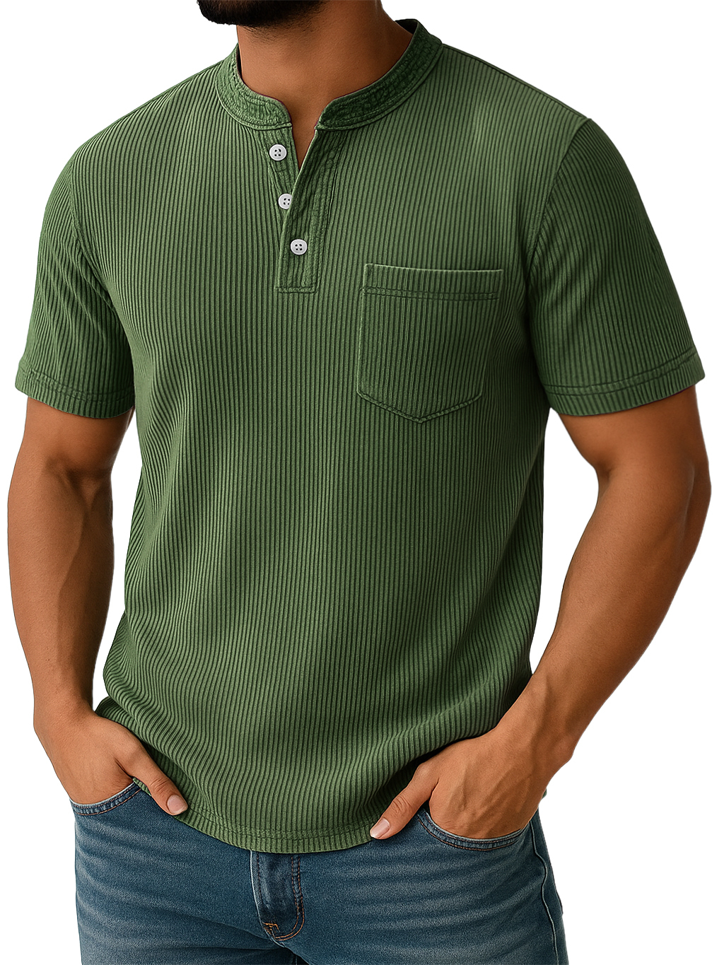 Men's Retro Stand-up Collar Ribbed Texture Vertical Stripe Pocket Casual T-shirt-retrostrom