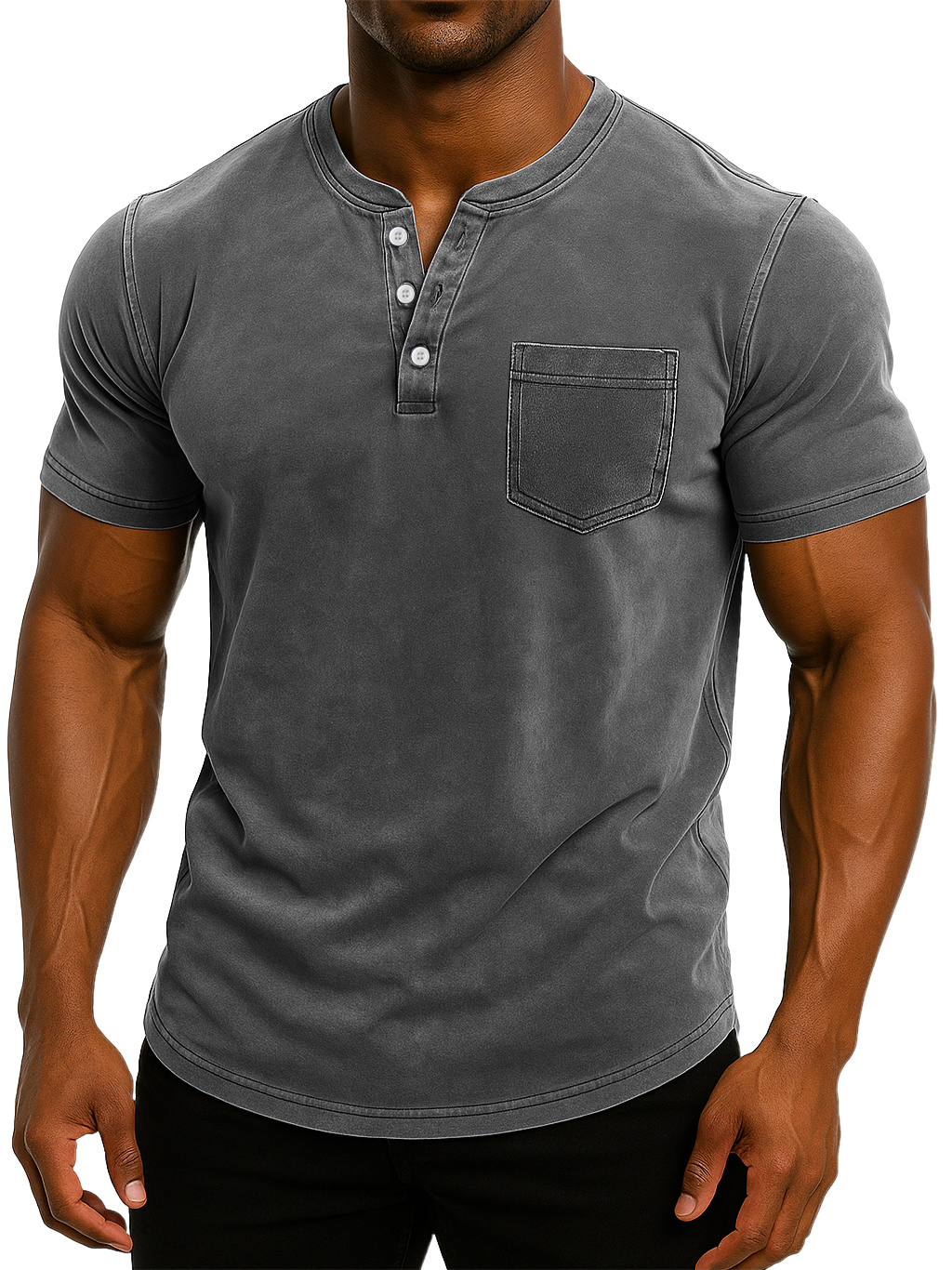Men's Retro Stand Collar Casual Pocket Solid Color Slim Fit Short Sleeve Henley Shirt-retrostrom