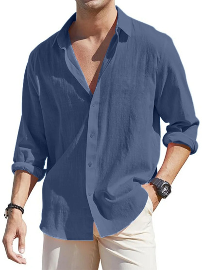 Men's Casual Loose Basic Cotton And Linen Long-sleeved Shirt-retrostrom