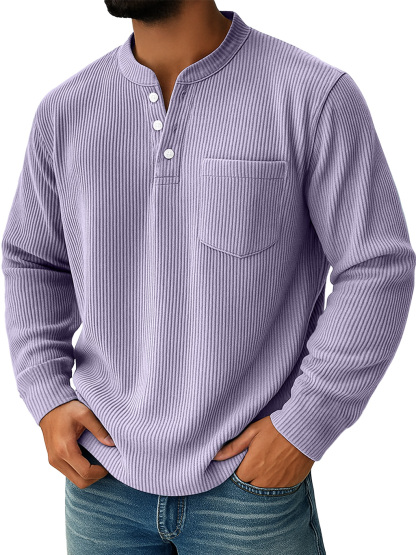 Men's Simple Everyday Ribbed Stand Collar Pocket Casual Long Sleeve Henley Shirt-retrostrom
