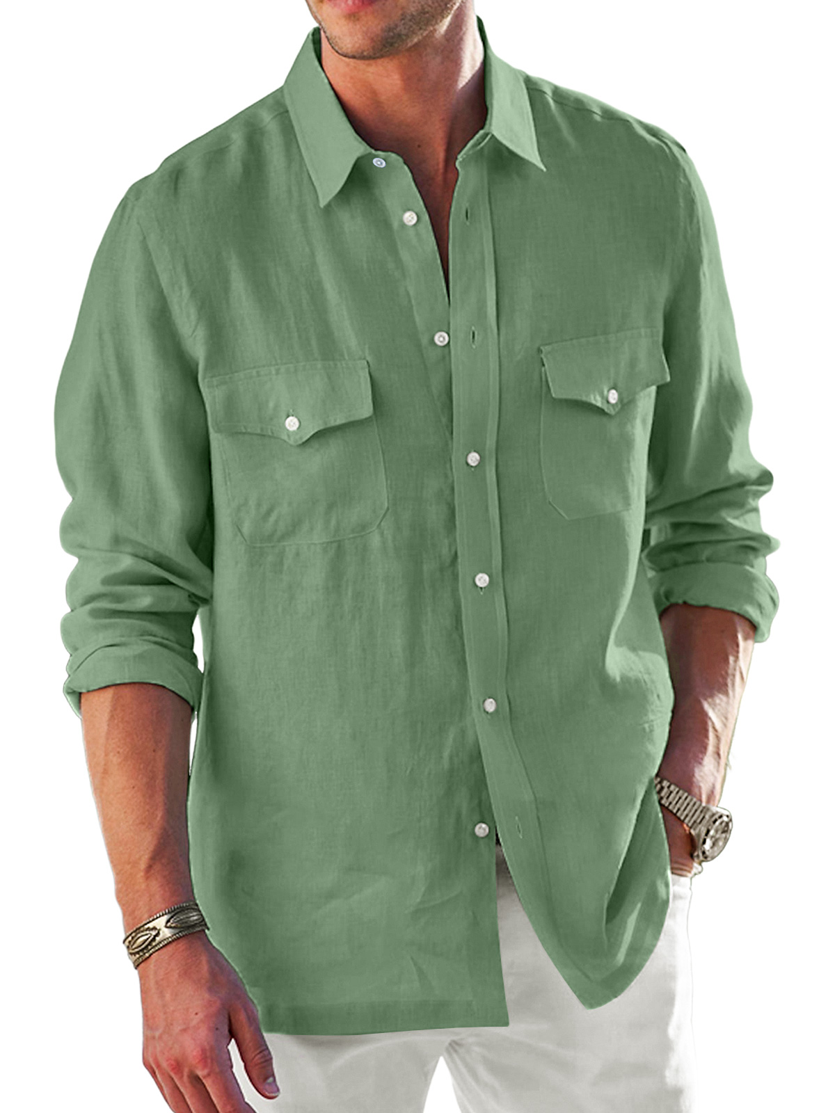Men's pure cotton double pocket lapel comfortable solid color casual long sleeve shirt-retrostrom