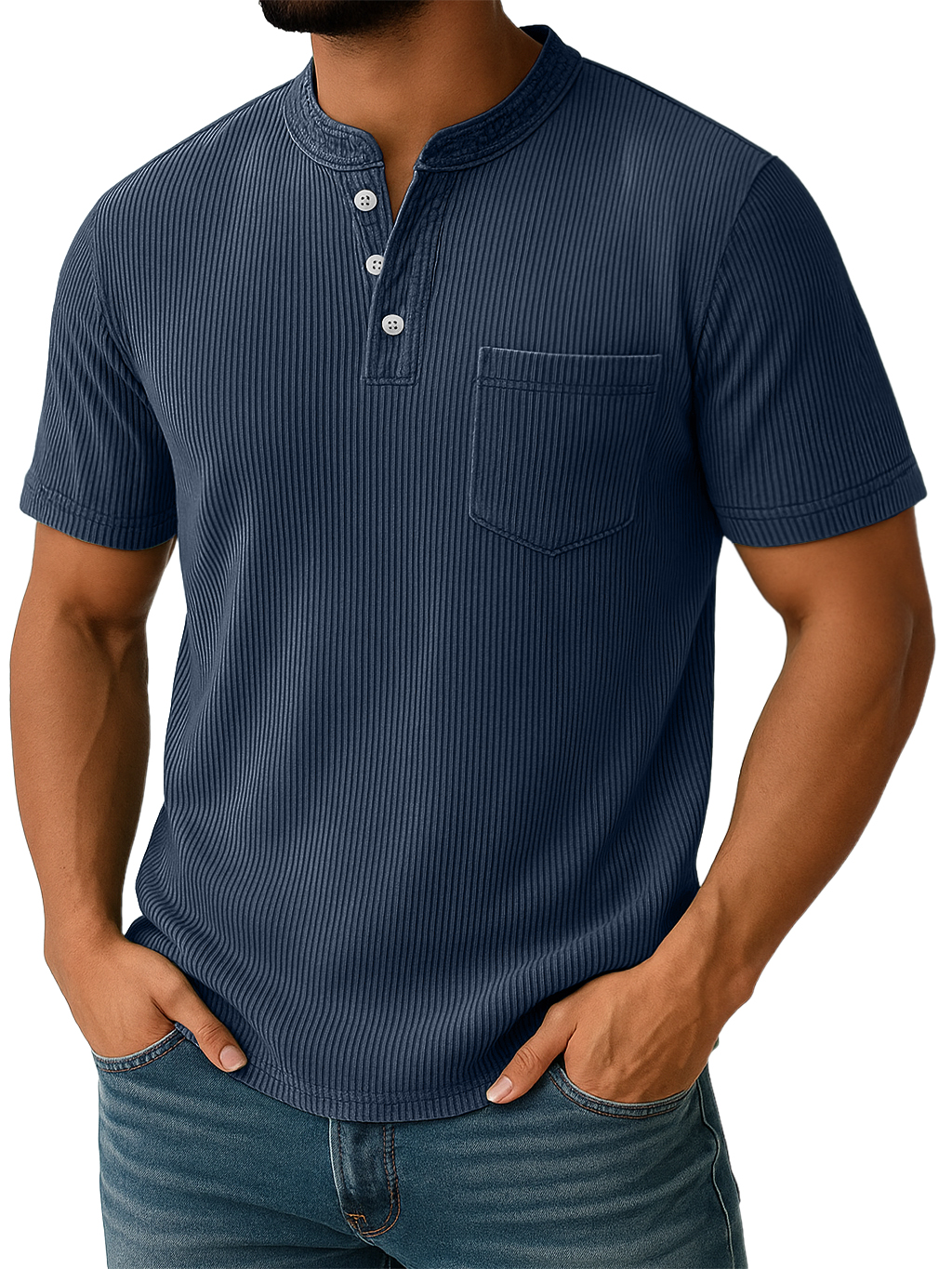 Men's Retro Stand-up Collar Ribbed Texture Vertical Stripe Pocket Casual T-shirt-retrostrom