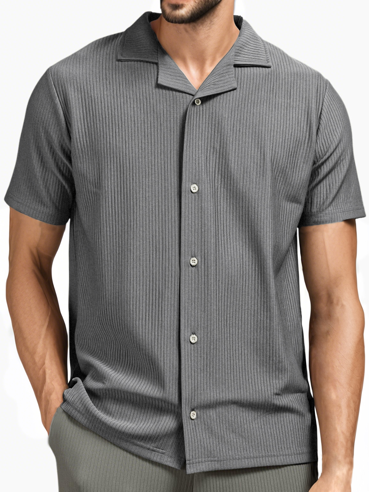Men's Pit Stripe Pleated Cuban Collar Holiday Casual Button Short Sleeve Shirt-retrostrom