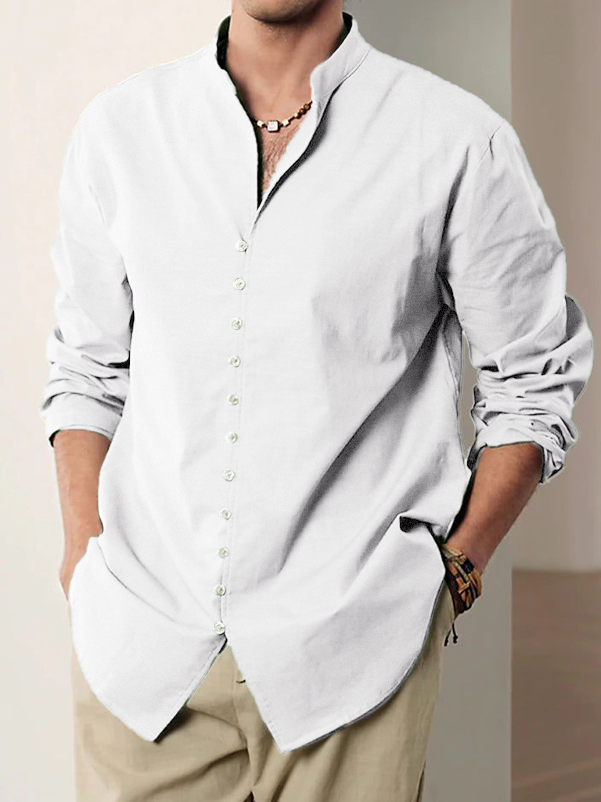 Men's Vintage Multi-Button Cotton Vacation Casual Loose Stand Collar Long Sleeve Shirt-retrostrom