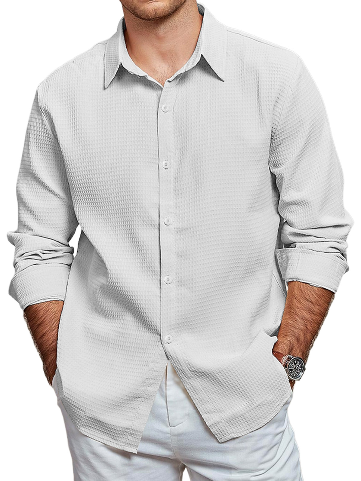 Men's Casual Waffle Solid Color Long Sleeve Shirt-retrostrom