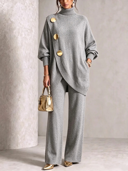 ⏰ LAST DAY SAVE 49% 💥 Gold-Button Asymmetric Knit Lounge Set-retrostrom