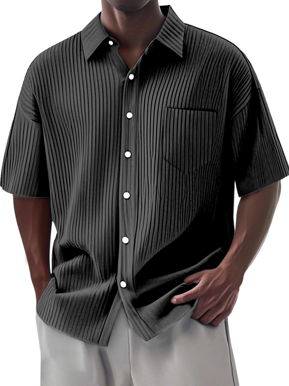 Men's Simple Daily Solid Color Vertical Pit Lapel Short-sleeved Shirt-retrostrom