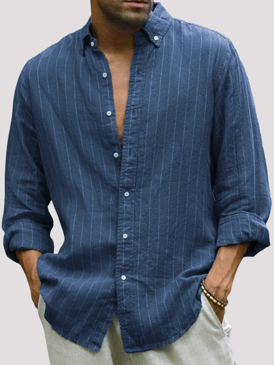 Men's Casual Cotton Striped Basic Solid Color Lapel Long Sleeve Shirt-retrostrom