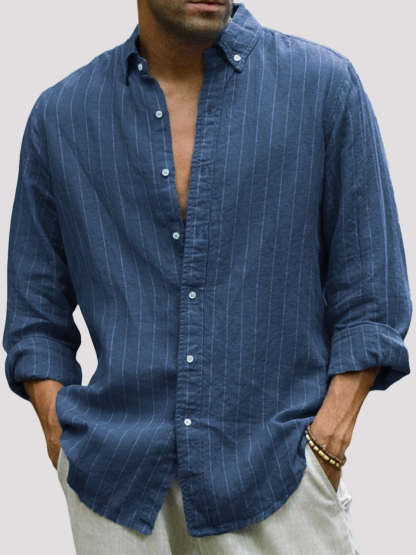 Men's Casual Cotton Striped Basic Solid Color Lapel Long Sleeve Shirt-retrostrom