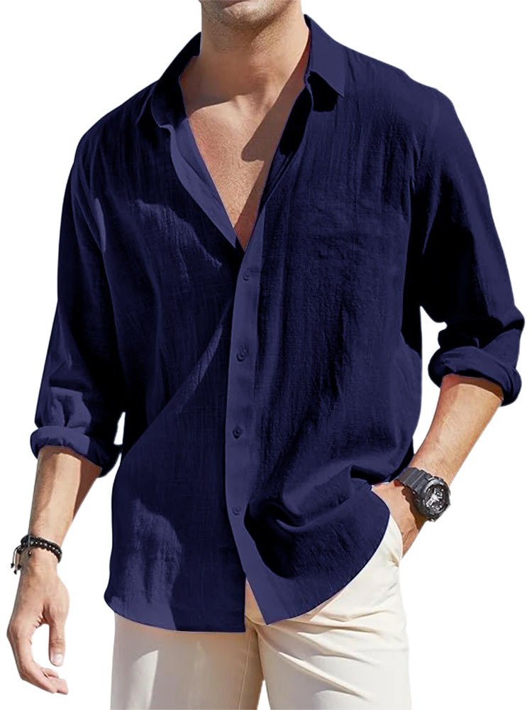 Men's Casual Loose Basic Cotton And Linen Long-sleeved Shirt-retrostrom