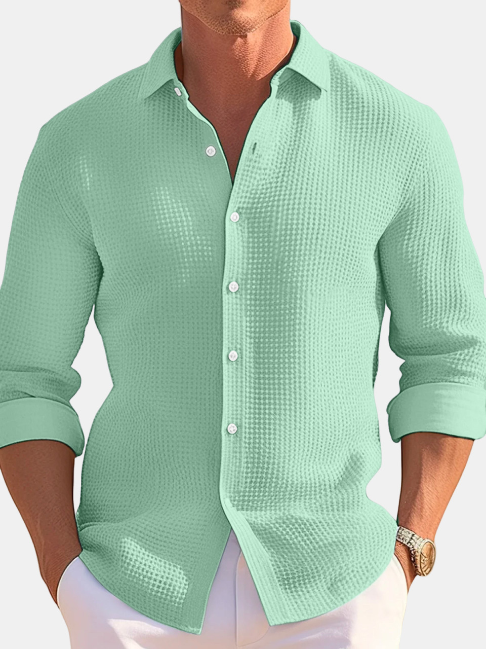 Men's Casual Loose Solid Color Waffle Long Sleeve Shirt-retrostrom