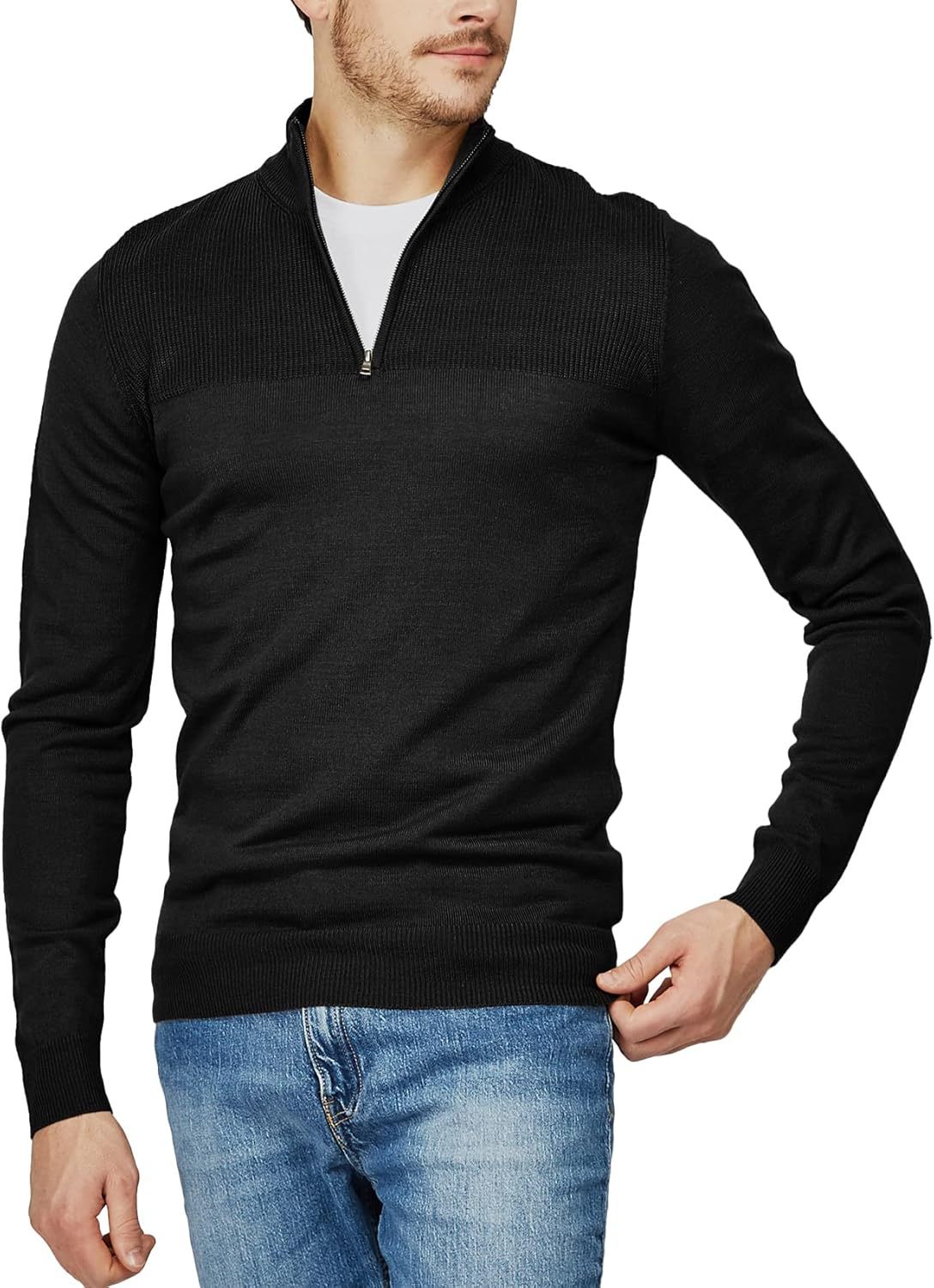 H2H Mens Casual Slim Fit Pullover Sweaters Long Sleeve Knitted Fabric Zip Up Mock Neck Polo Sweater-retrostrom