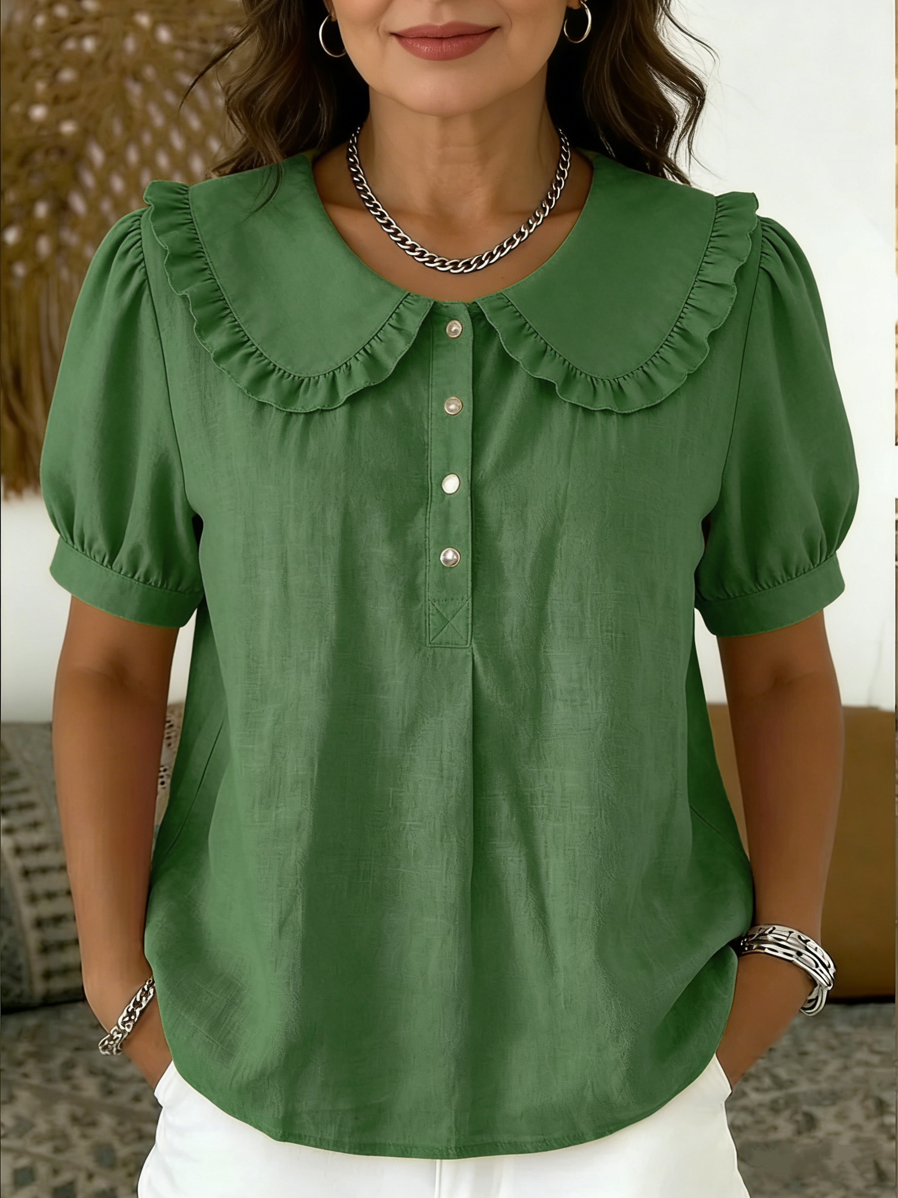 NEW🔥 Casual Peter Pan collar cotton-linen blend polo shirt