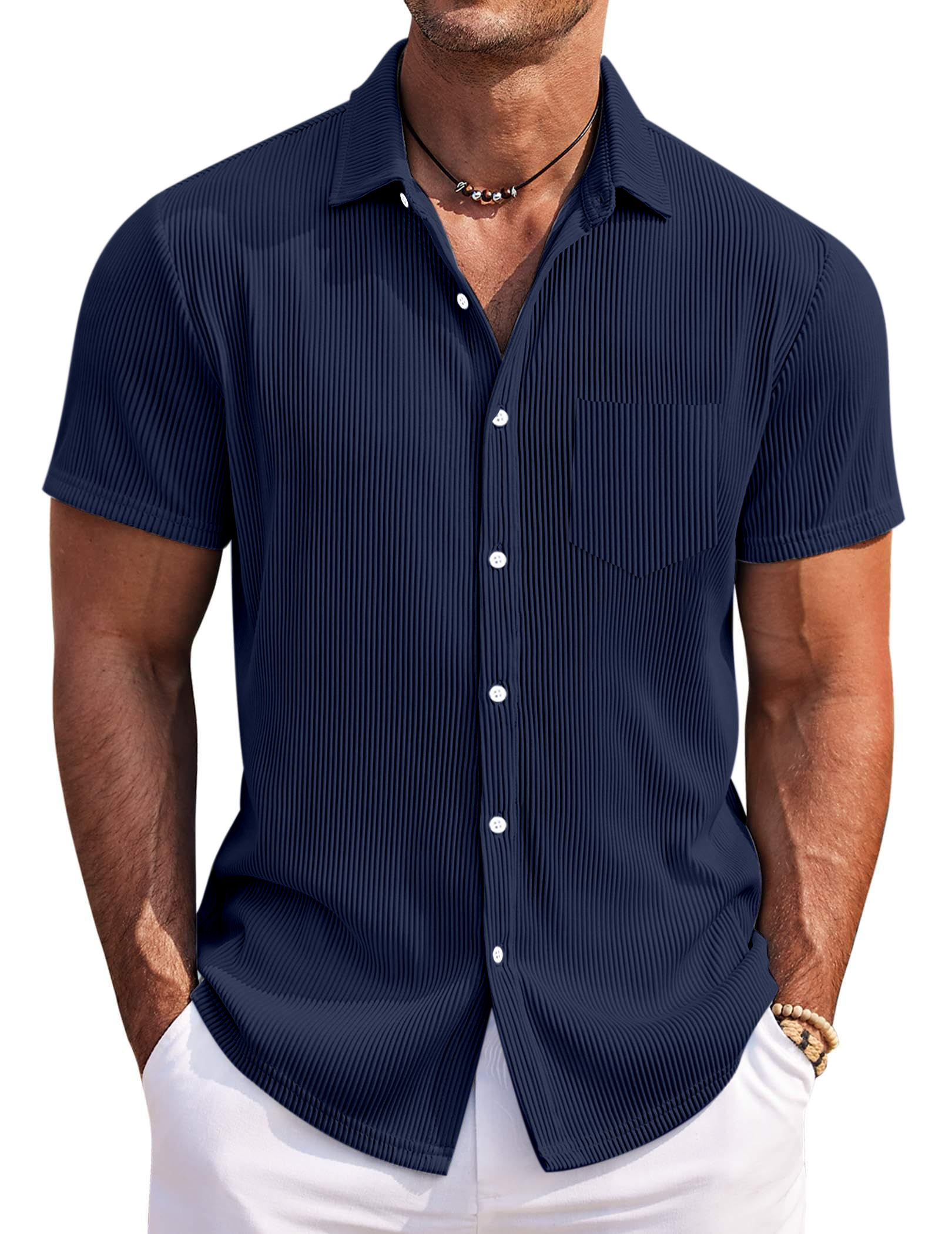 Men's Solid Color Loose And Comfortable Vertical Striped Short-sleeved Shirt-retrostrom