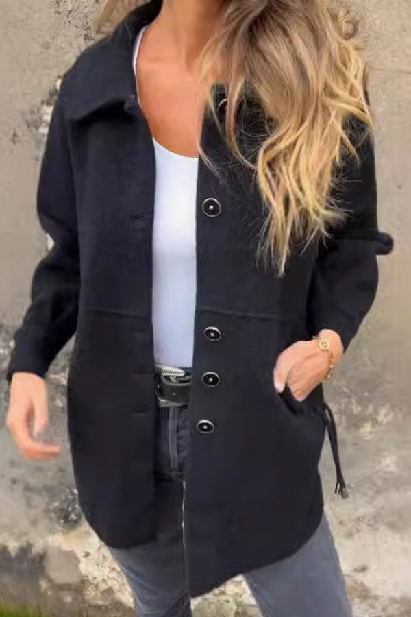 Casual Daily Solid Color Buttons Gross Turn-back Collar Outerwear Women Coat-retrostrom