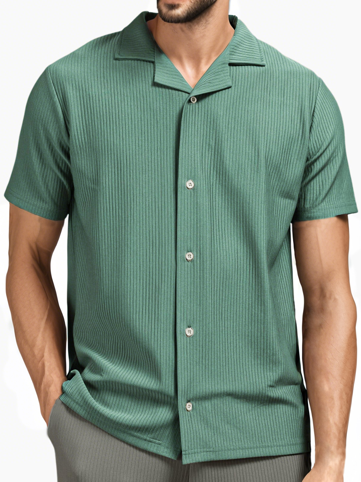 Men's Pit Stripe Pleated Cuban Collar Holiday Casual Button Short Sleeve Shirt-retrostrom