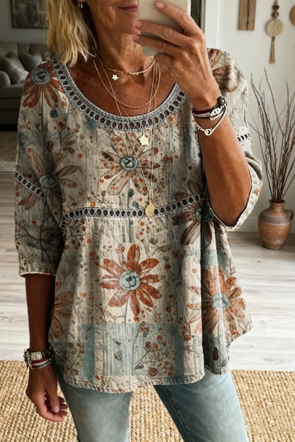 New Arrivals🔥Women's Bohemian Vintage Floral Art Print Casual Round Neck Cutout Top-retrostrom