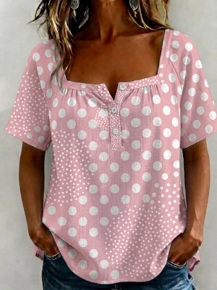 Fashion Square-Neck Polka Dot Print Cotton-Linen Shirt-retrostrom