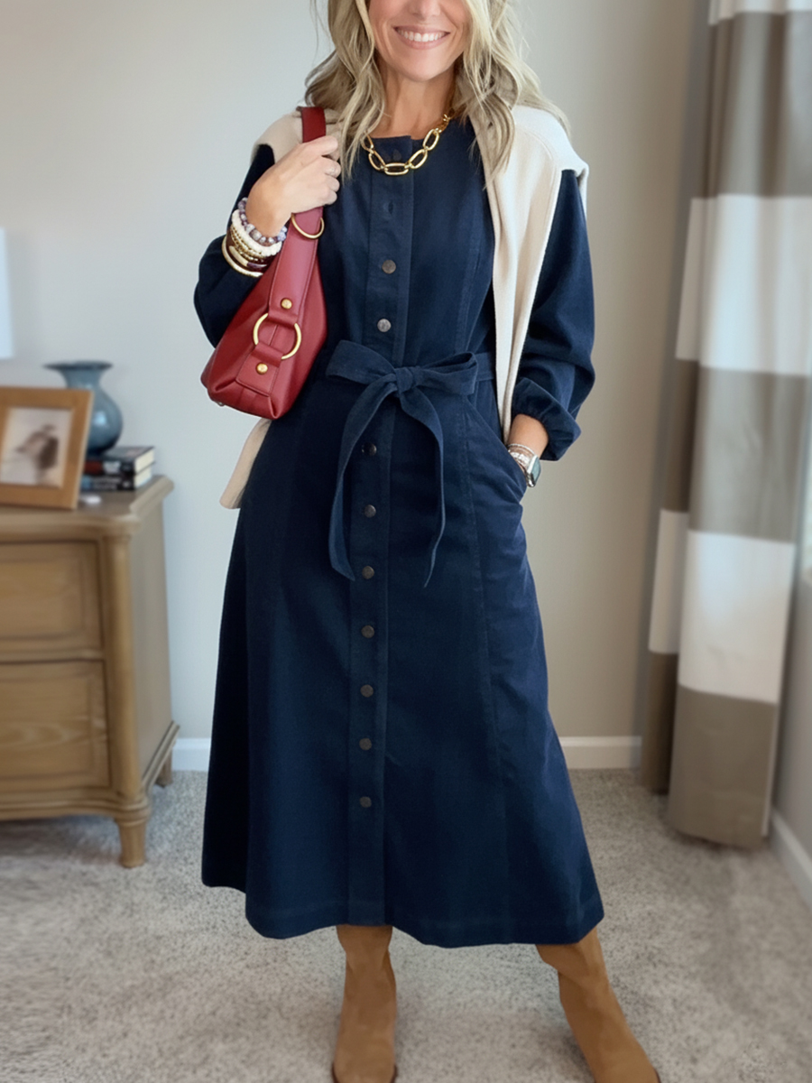 New Arrival🔥 Corduroy Shirt Dress with Tie Belt-retrostrom