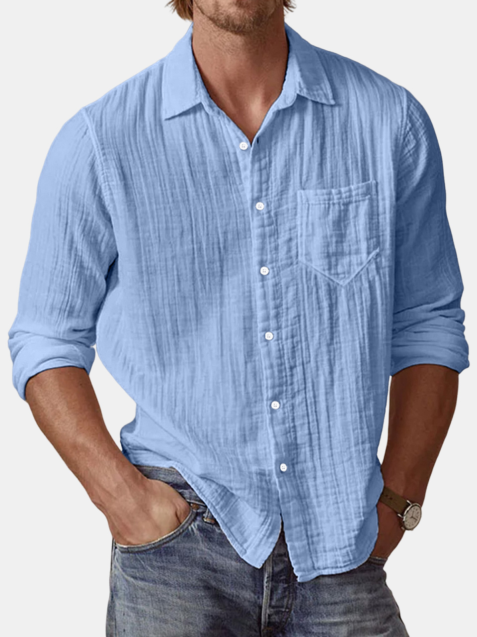 Men's Casual Textured Solid Color Comfortable Puff Wrinkle Long Sleeve Shirt-retrostrom
