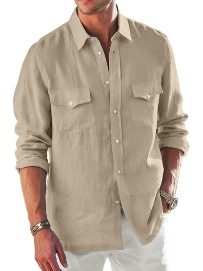 Men's pure cotton double pocket lapel comfortable solid color casual long sleeve shirt-retrostrom