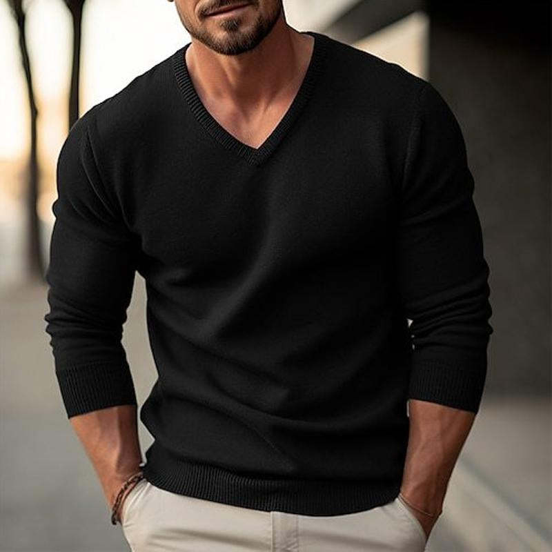 Men's solid color V-neck long-sleeved knitted pullover sweater-retrostrom