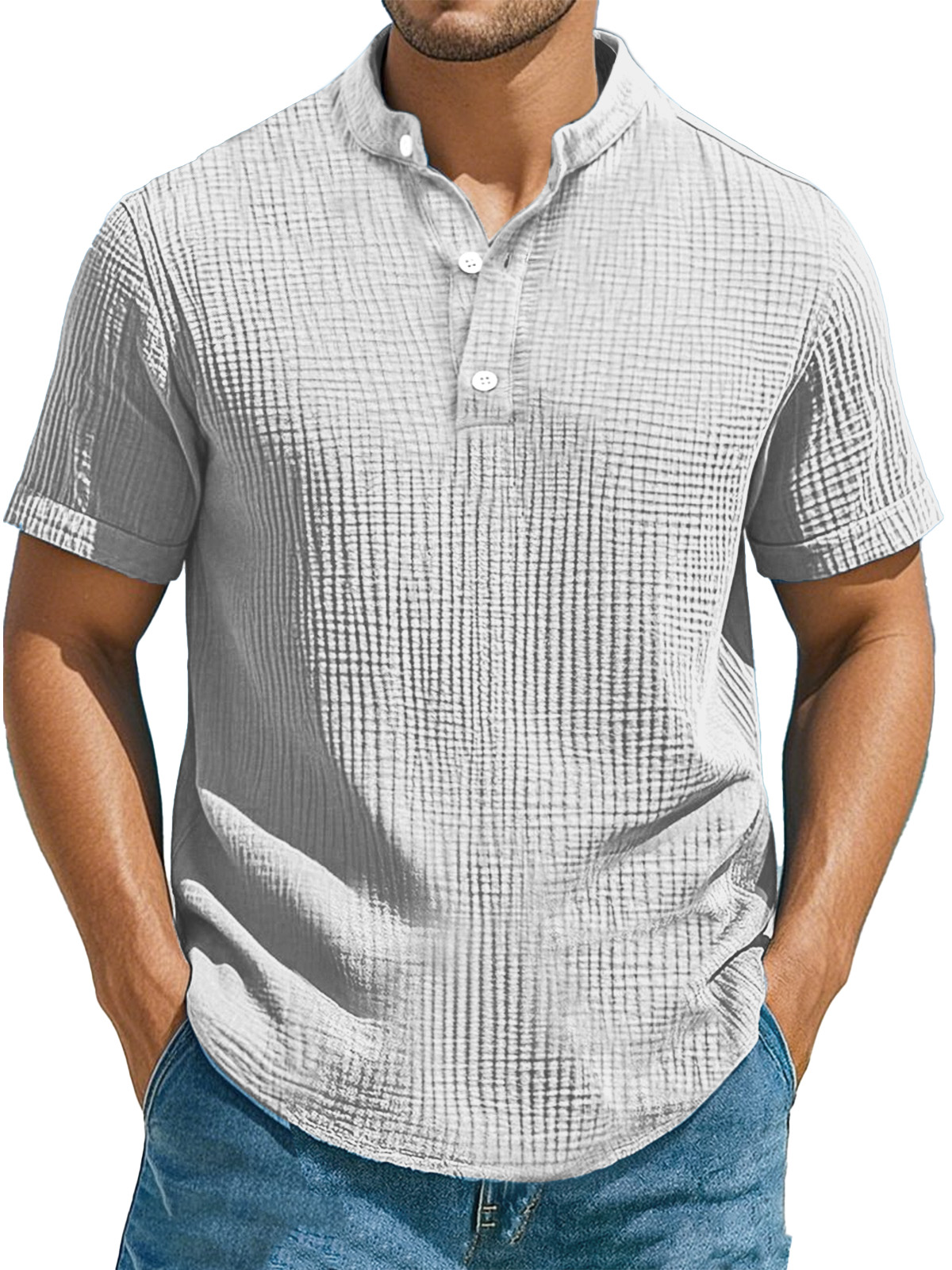 Men's Casual Solid Color Pleated Texture Short-sleeved Stand Collar Henley Shirt-retrostrom