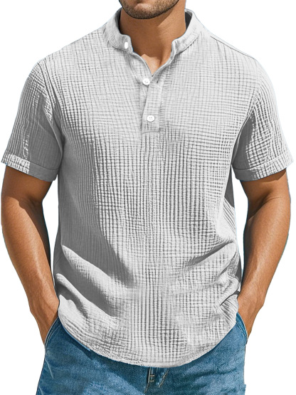 Men's Casual Solid Color Pleated Texture Short-sleeved Stand Collar Henley Shirt-retrostrom