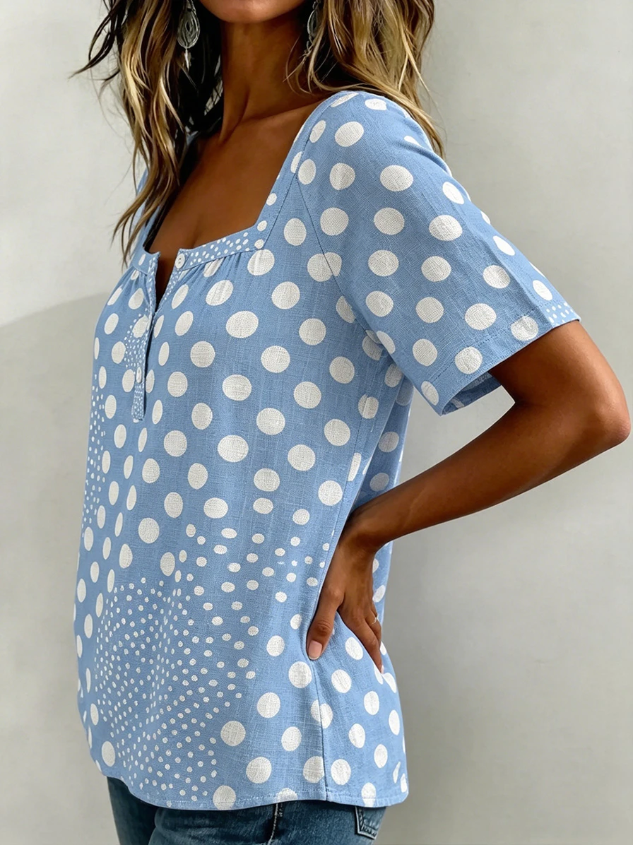 Fashion Square-Neck Polka Dot Print Cotton-Linen Shirt-retrostrom