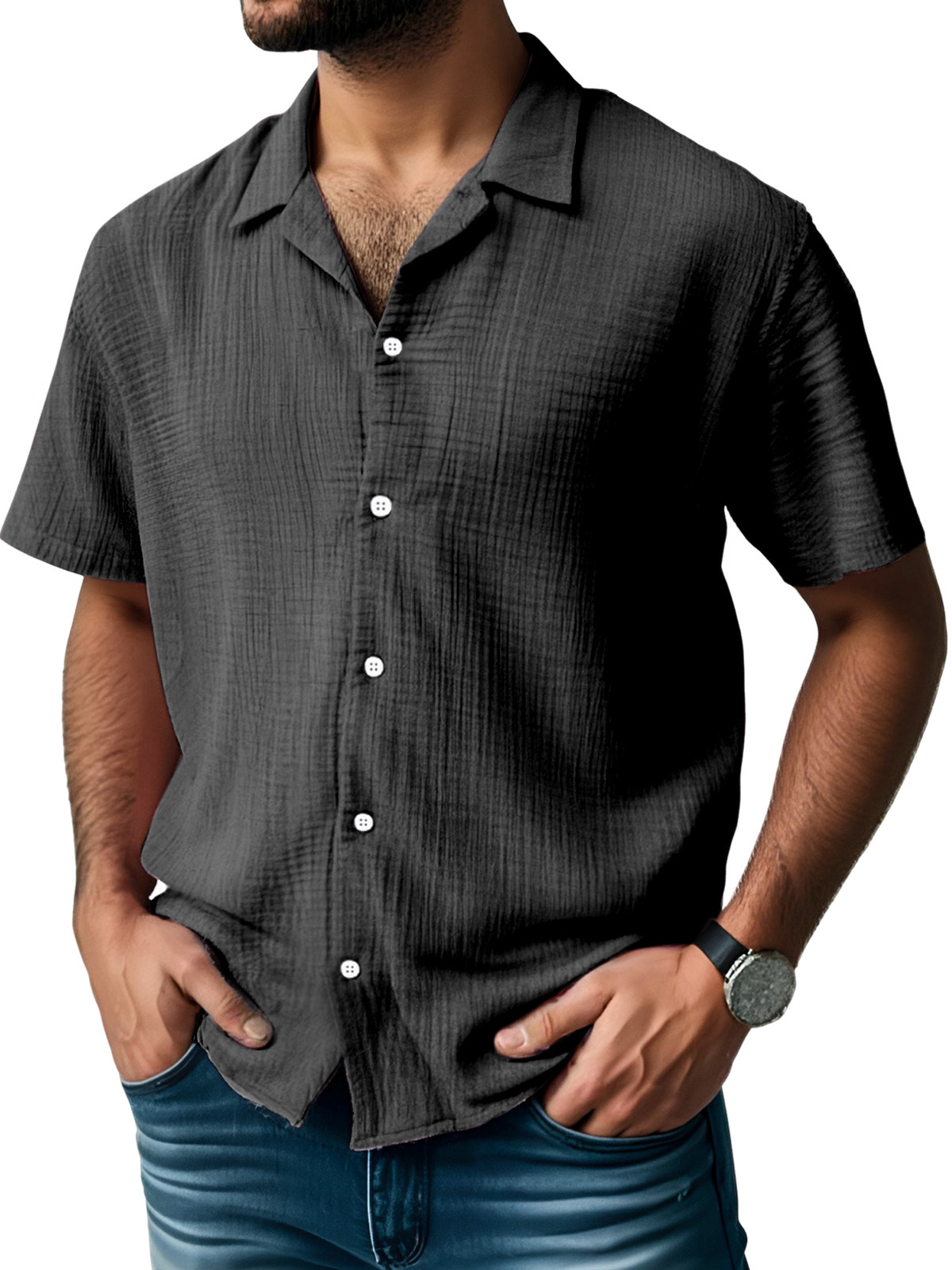 Men's Everyday Solid Color Pleated Texture Short-sleeved Shirt-retrostrom