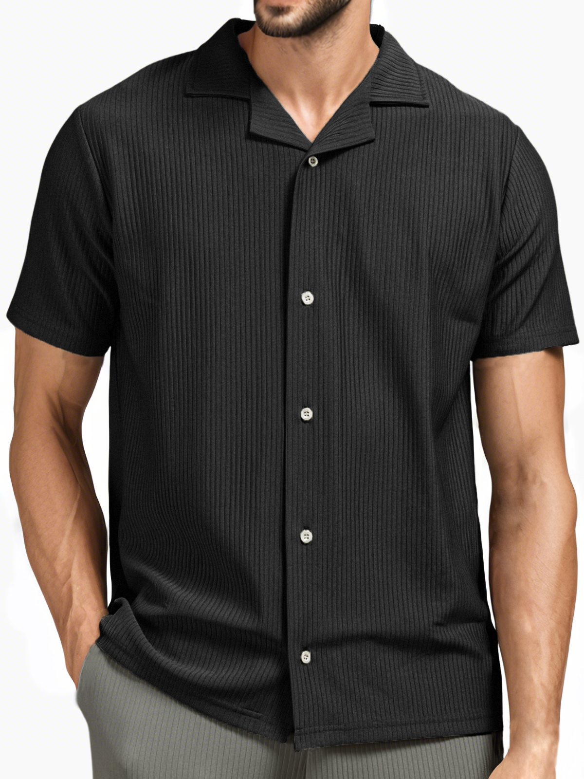 Men's Pit Stripe Pleated Cuban Collar Holiday Casual Button Short Sleeve Shirt-retrostrom
