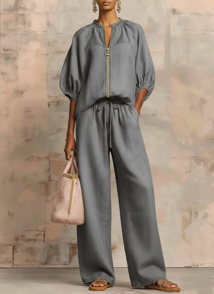 New Arrivals🔥Cozy Stylish Zip-up Top And Wide-leg Jeans Set