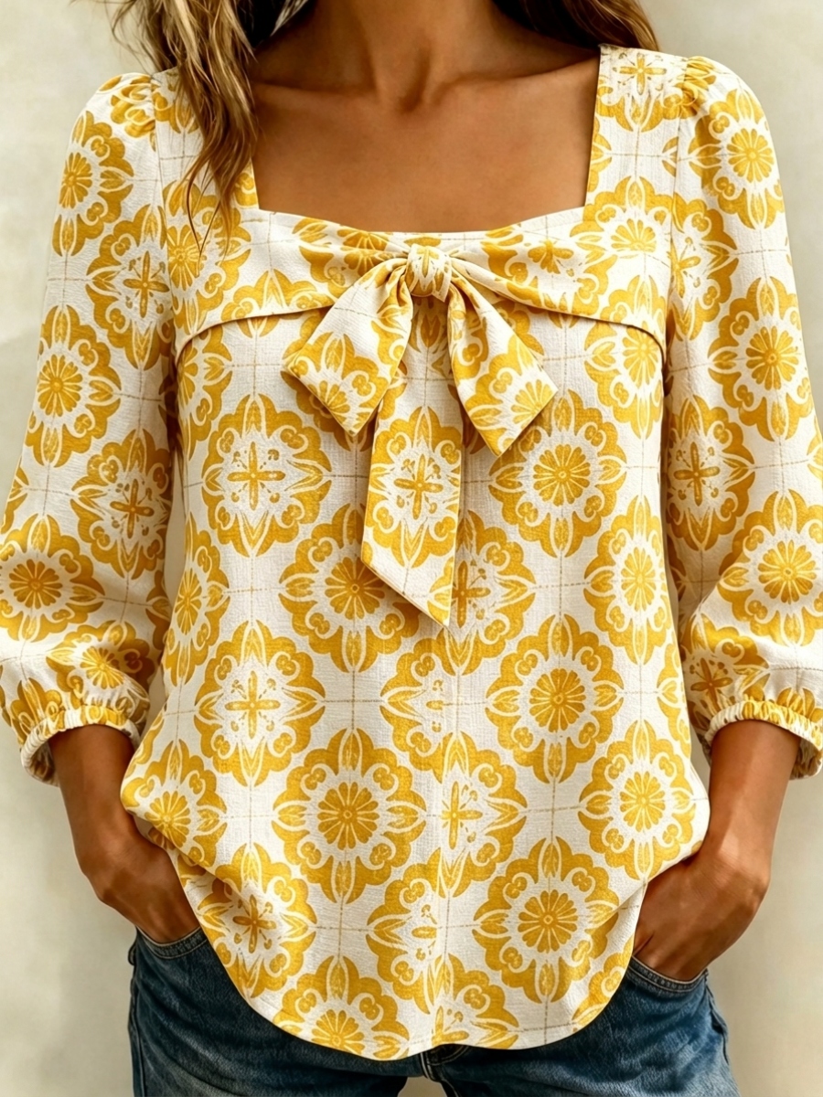 New Arrivals🔥 Women's Casual Santorini Inspired Print Bow Blouse-retrostrom