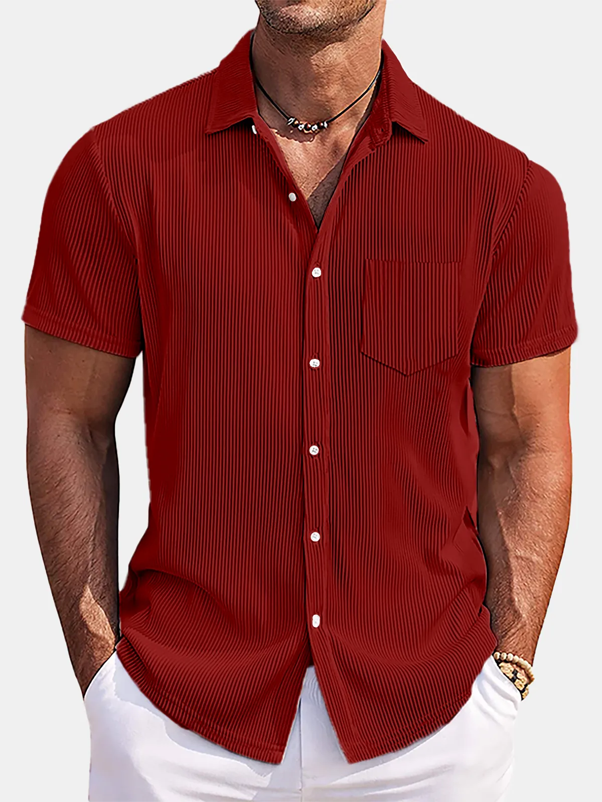 Men's Solid Color Loose And Comfortable Vertical Striped Short-sleeved Shirt-retrostrom