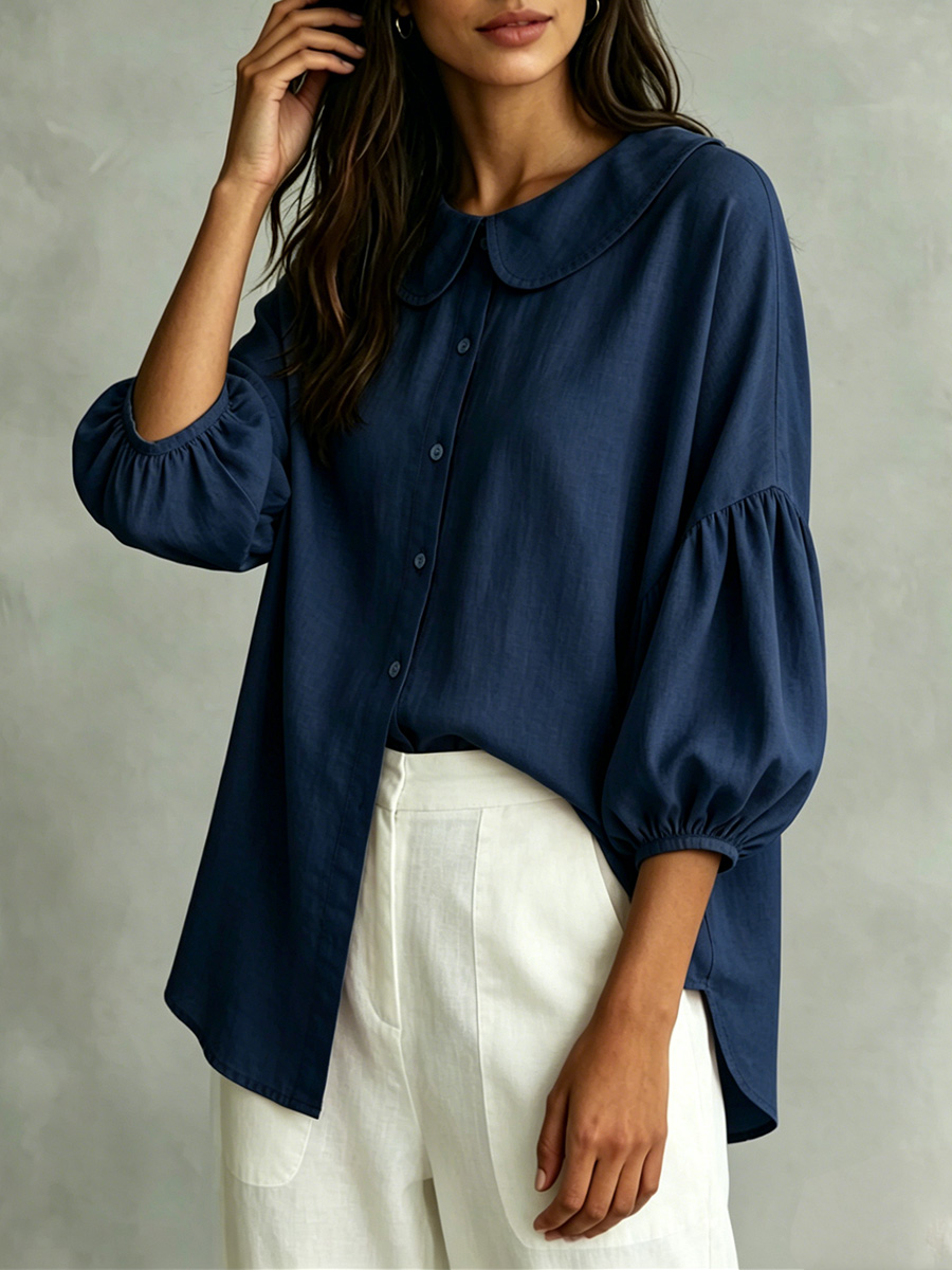 Cotton-Linen Shirt with Bell Sleeves and Peter Pan Collar