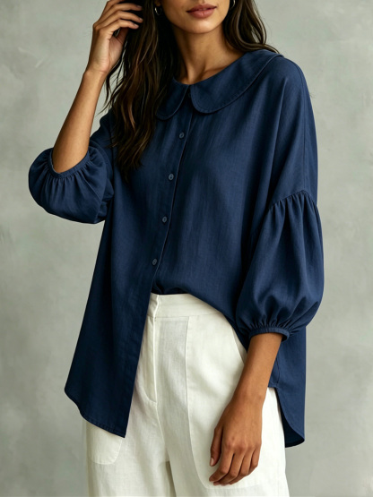 Cotton-Linen Shirt with Bell Sleeves and Peter Pan Collar