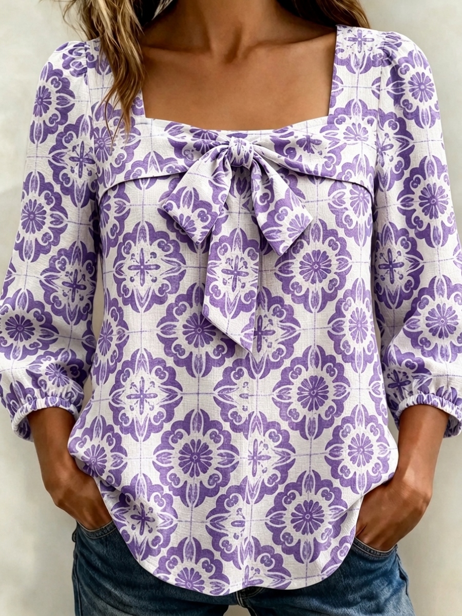 New Arrivals🔥 Women's Casual Santorini Inspired Print Bow Blouse-retrostrom