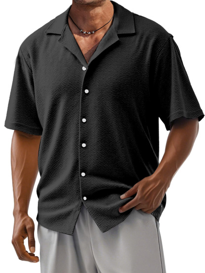 Men's Loose Solid Color Comfortable Texture Short-Sleeved Cuban Collar Shirt-retrostrom